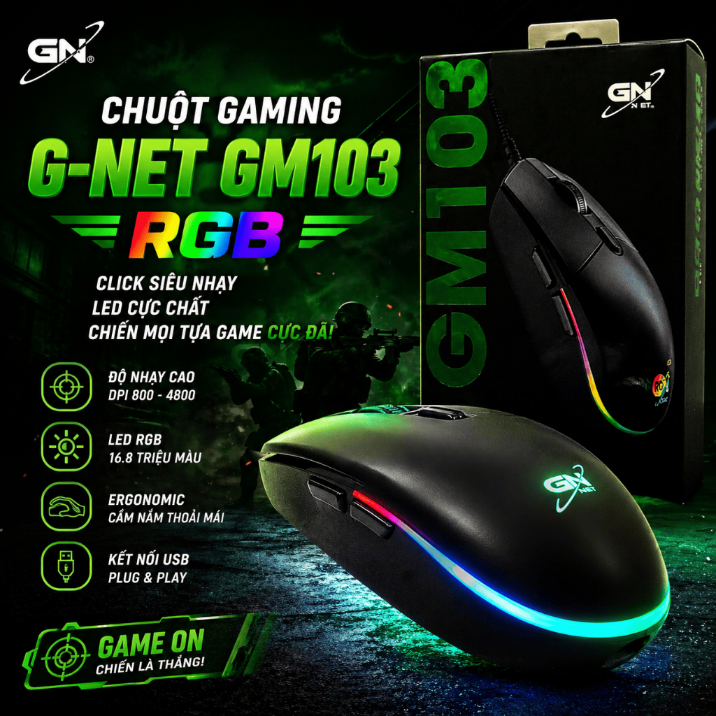 Chuột Gaming G-NET GM103 RGB – Click siêu nhạy, LED cực chất, chiến mọi tựa game cực đã