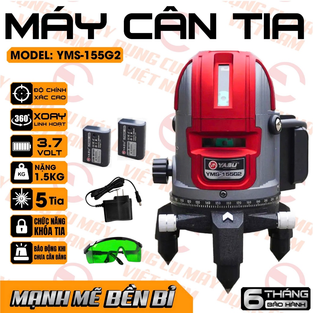 Máy Cân Tia Laser Yamasu YMS-155G2 5 Tia Xanh, Bóng SHARP Nhật, Kèm 2 Pin Và Hộp Đựng