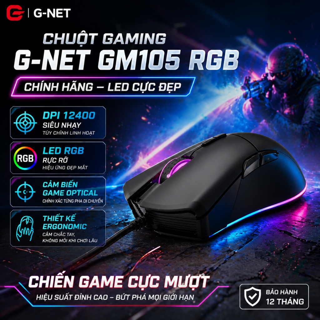 Chuột Gaming G-NET GM105 RGB chính hãng – LED cực đẹp, DPI 12400 siêu nhạy, chiến game cực mượt
