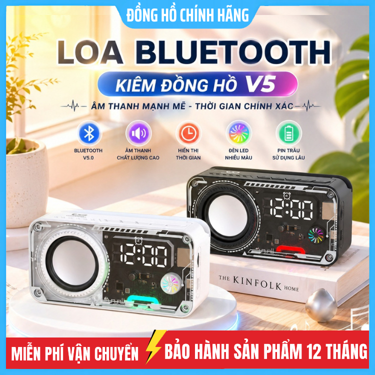 Loa Bluetooth Mini V5 / V1 5IN1 Màn Hình Số, Loa Bluetooth Kèm Đồng Hồ, Bass Mạnh, Tích Hợp Báo Thức