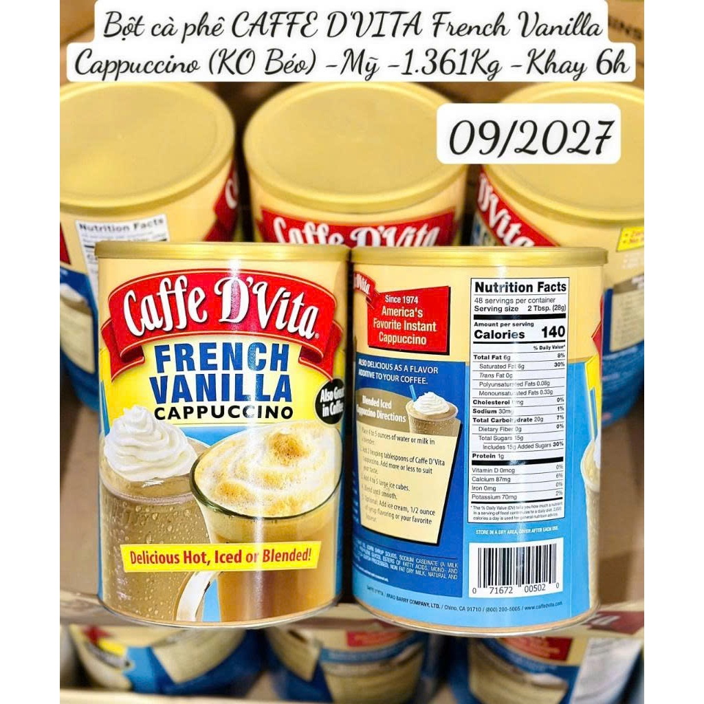 Bột cà phê hòa tan Caffe D’Vita Cappuccino Mỹ (Mocha & French Vanilla ko béo)
