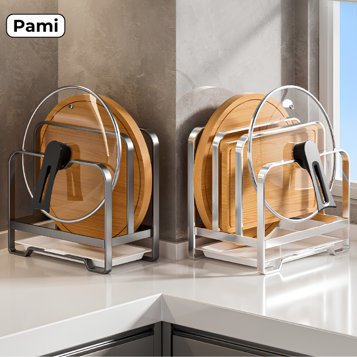 Giá Để Nắp Nồi & Thớt Thép Carbon Chống Gỉ Pami Home, Kệ Đa Năng Có Khay Hứng Nước, Sắp Xếp Gọn Gàng
