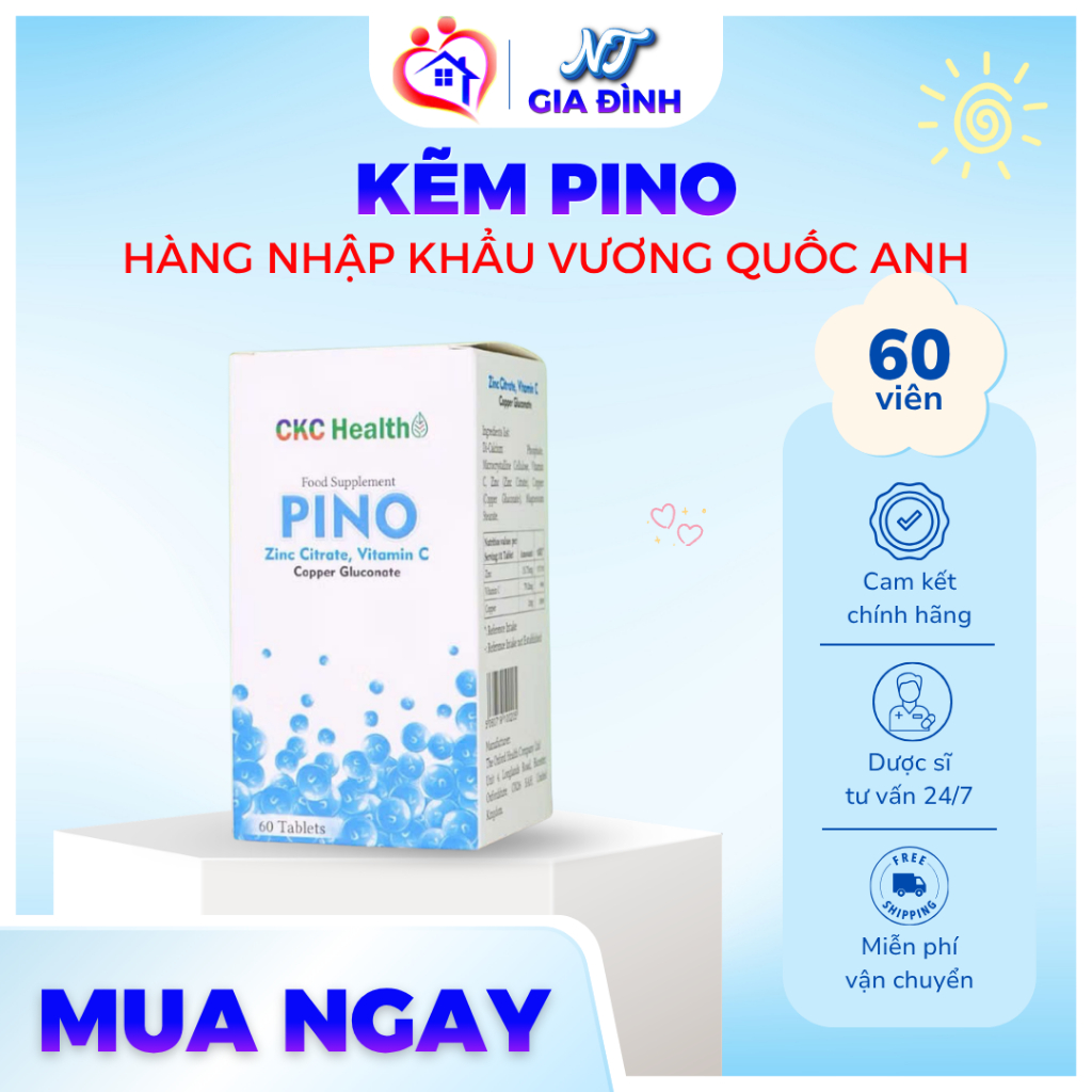 Viên uống kẽm Pino CKC Health, tăng đề kháng, hỗ trợ miễn dịch, giảm ốm vặt, hộp 60 viên