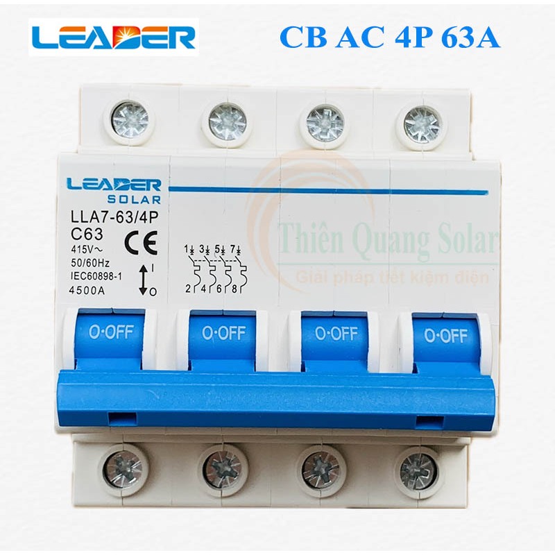 Áp tô mát 4P 63A AC 415V, mã sản phẩm: LLA7-4P-63-63A-YT, hiệu: LEADER
