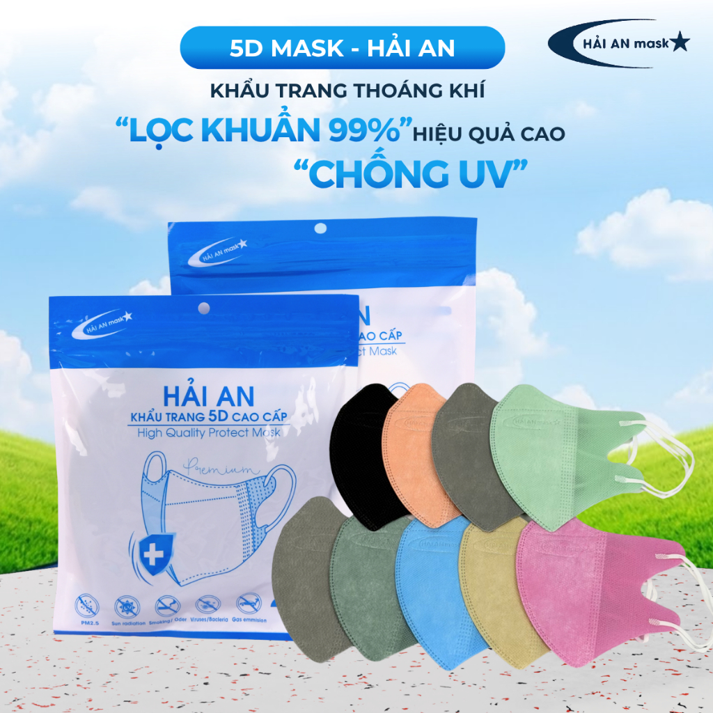 Thùng 600 Khẩu Trang 5D Hải An Mask 3 Lớp Kháng Khuẩn, Khẩu Trang 5D Chống Tia UV Lọc Bụi Mịn 99% Th