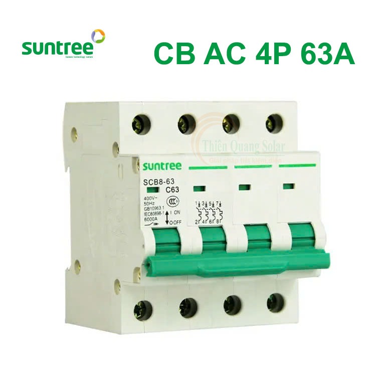 Áp tô mát AC 4P 63A 400V, mã sản phẩm: SCB8-63 4P AC400V 63A, điện áp: 400V