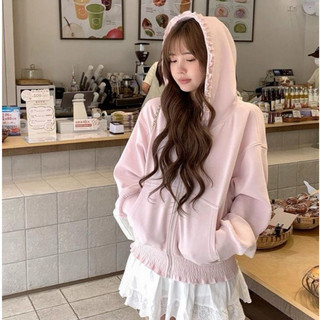 Áo Khoác Cardigan hoodie xuân thu, có mũ trùm đầu và dây kéo, màu hồn