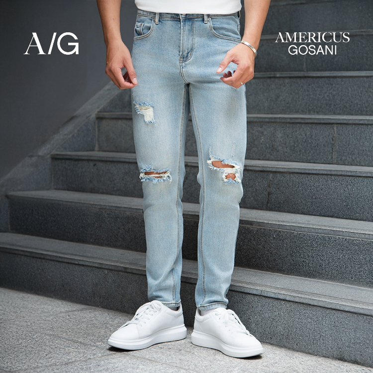 AG52 Quần Jean Americus Gosani Wash Xước Màu Xanh Nhạt