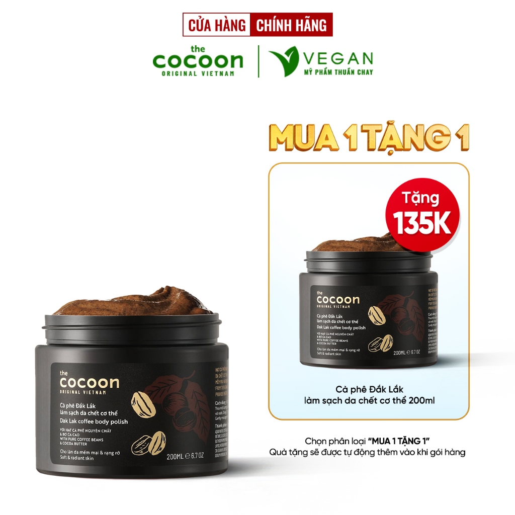CÀ PHÊ ĐẮK LẮK LÀM SẠCH DA CHẾT CƠ THỂ THE COCOON VIỆT NAM 200ML VEGAN - Mỹ phẩm thuần chay