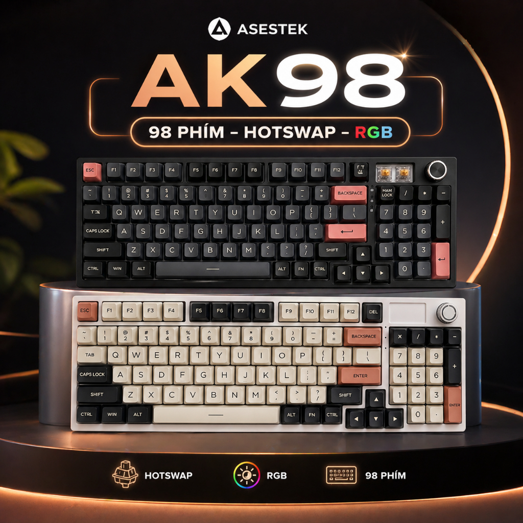 Bàn phím cơ Asestek AK98 HotSwap RGB – Layout 98 phím cực đẹp, gõ siêu đã, gaming cực chất