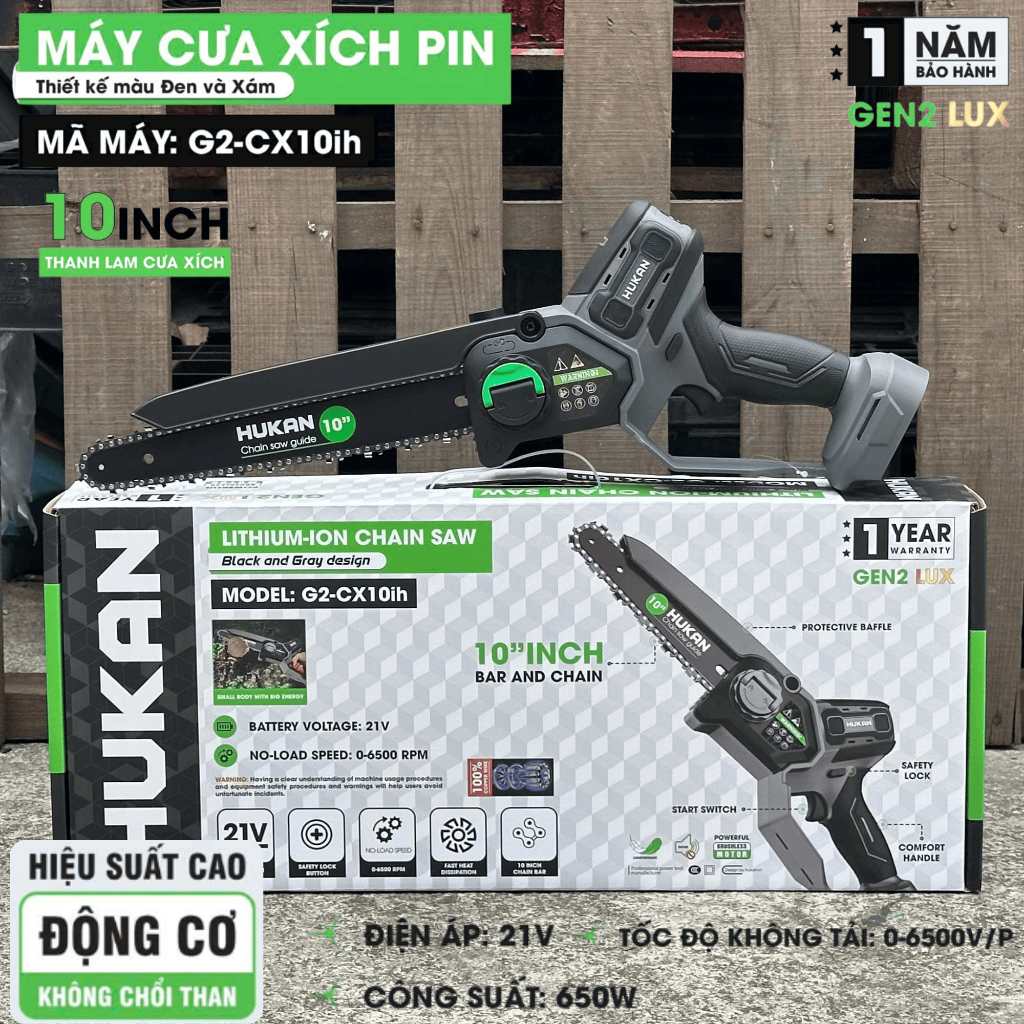 Máy Cưa Xích Pin Hukan G2 - CX10ih Kèm Pin 15 Cell  Lam Xich Dài 10 inch Không Chổi Than Chính Hãng 