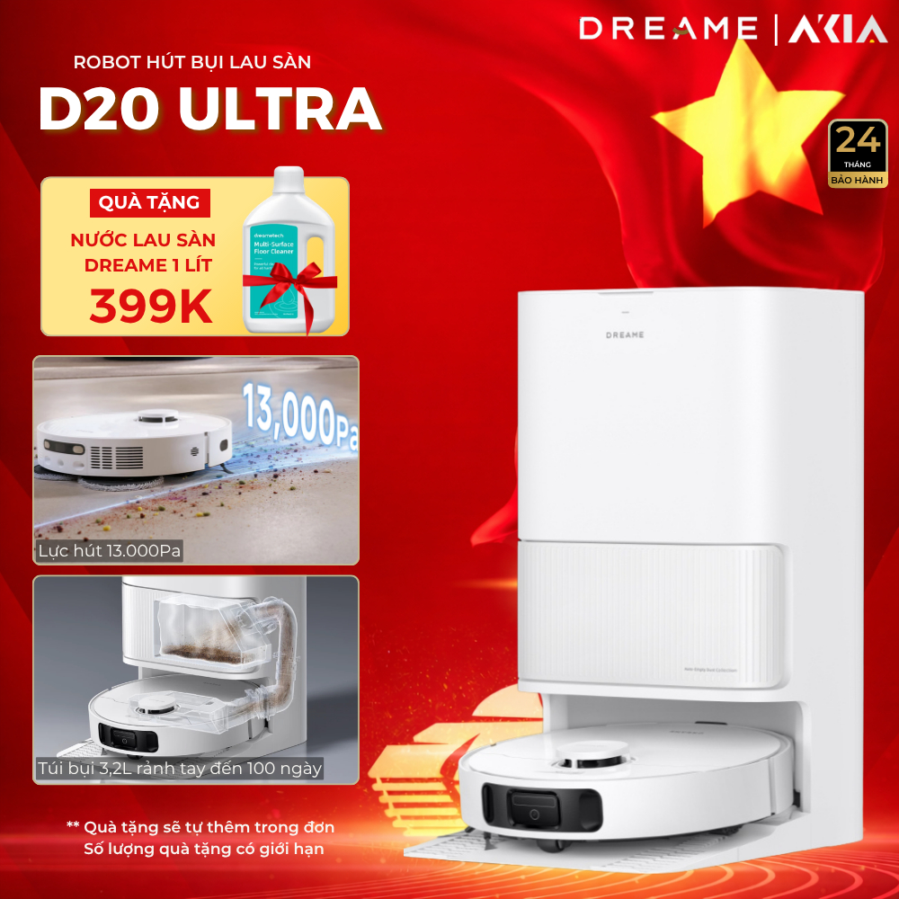 Robot hút bụi lau sàn Dreame D20 Ultra - Lực hút 13.000Pa - Trạm sạc đa năng rảnh tay đến 100 ngày -