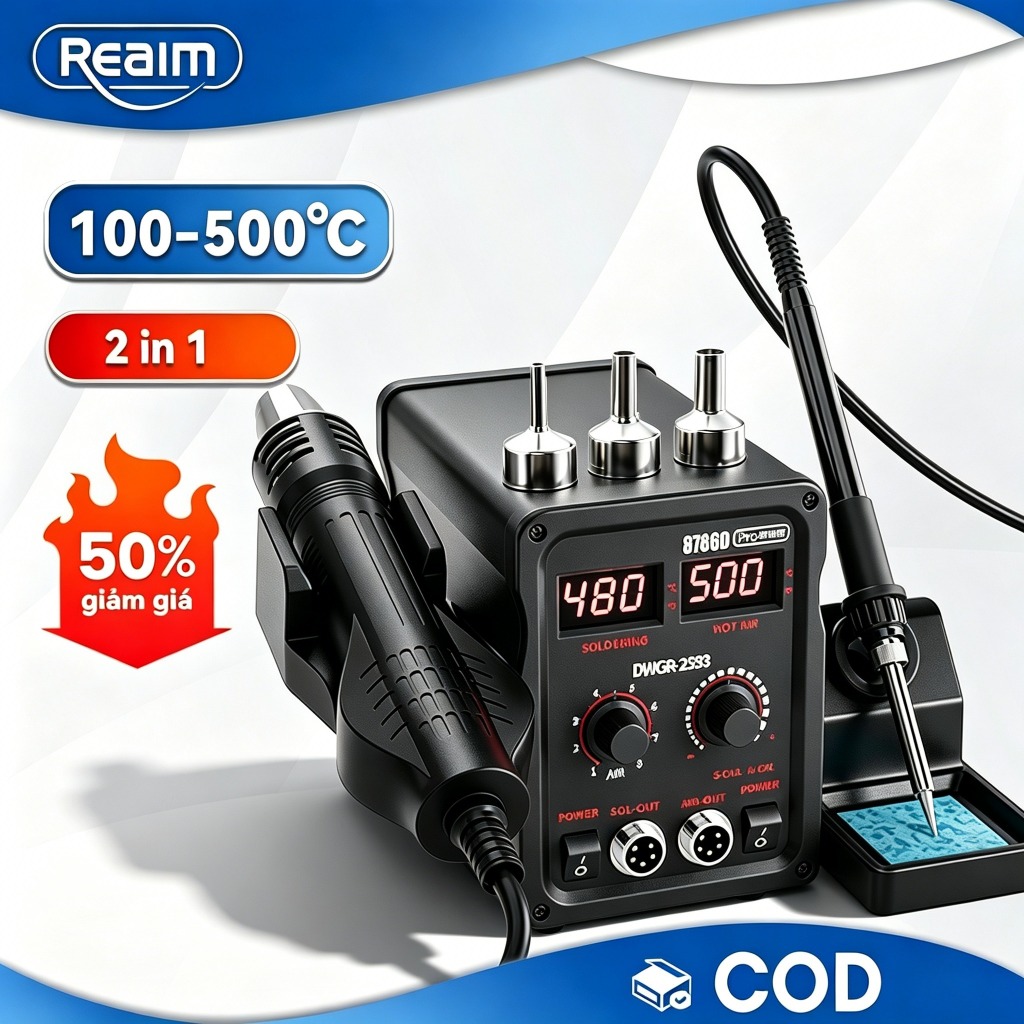 REAIM Máy Khò Hàn - Trạm Hàn Thiếc 2 Trong 1 Mỏ Hàn Điện Tử + Súng Khò Nhiệt Chuyên Dụng Cho Sửa Chữ