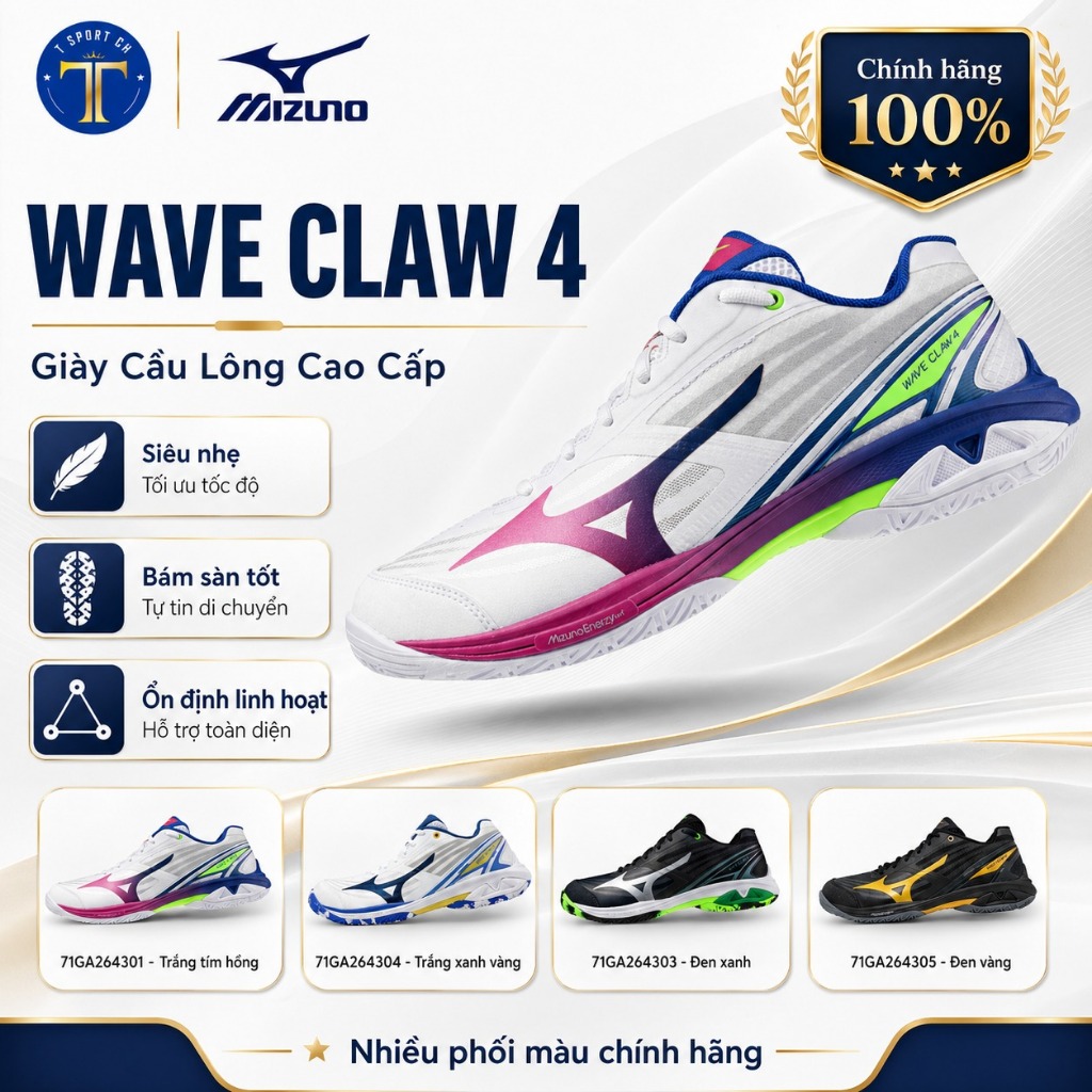 Giày Cầu Lông Mizuno Wave Claw 4 – Siêu Nhẹ, Bám Sân Đỉnh Cao