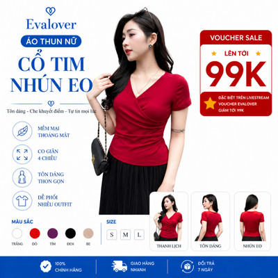 Áo Thun Nữ Cổ Tim Nhún Eo Evalover – Dáng Ôm Vải Cotton Nhật Mềm Mịn Co Giãn 4 Chiều