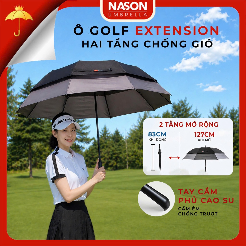 Ô dù Golf 2 tầng mở rộng Nason Umbrella Extension thiết kế độc đáo, 23 inch khi đóng, 27 inch khi mở
