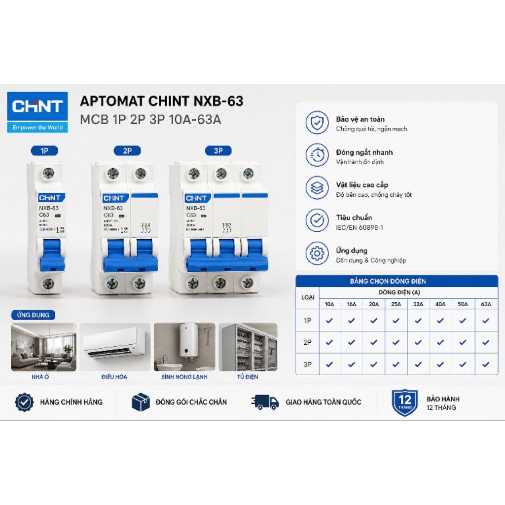 Aptomat Chint NXB-63 MCB 1P 2P 3P 10A-63A