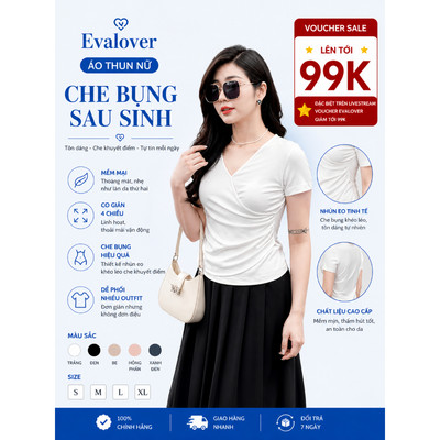 Áo thun nữ che bụng sau sinh cổ tim dáng ôm nhẹ nhún eo Evalover