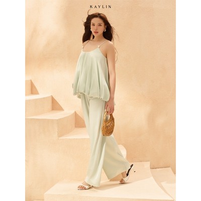Set KAYLIN Silk Flow áo lụa bí phối quần suông dài chất vải lụa trượt mềm thoáng BST HER ELEMENT - SET171