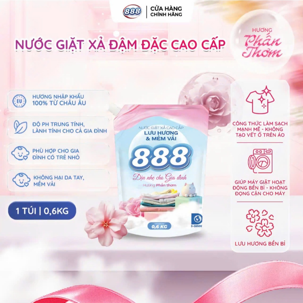 [888 - TÚI 0.6KG] Nước Giặt 888 3 Trong 1 - Hương Nước Hoa Đậm Đặc, Lưu Hương 72H, Giặt Sạch Sâu Và 