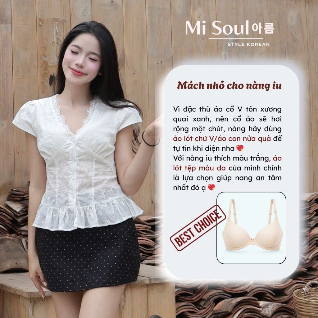 Áo Sơ Mi Nữ Cổ V Phối Viền Ren Tay Bồng Chất Thô Kẻ MiSoul 524, Áo Kiểu Cổ Ren Tay Con | BigBuy360 - bigbuy360.vn