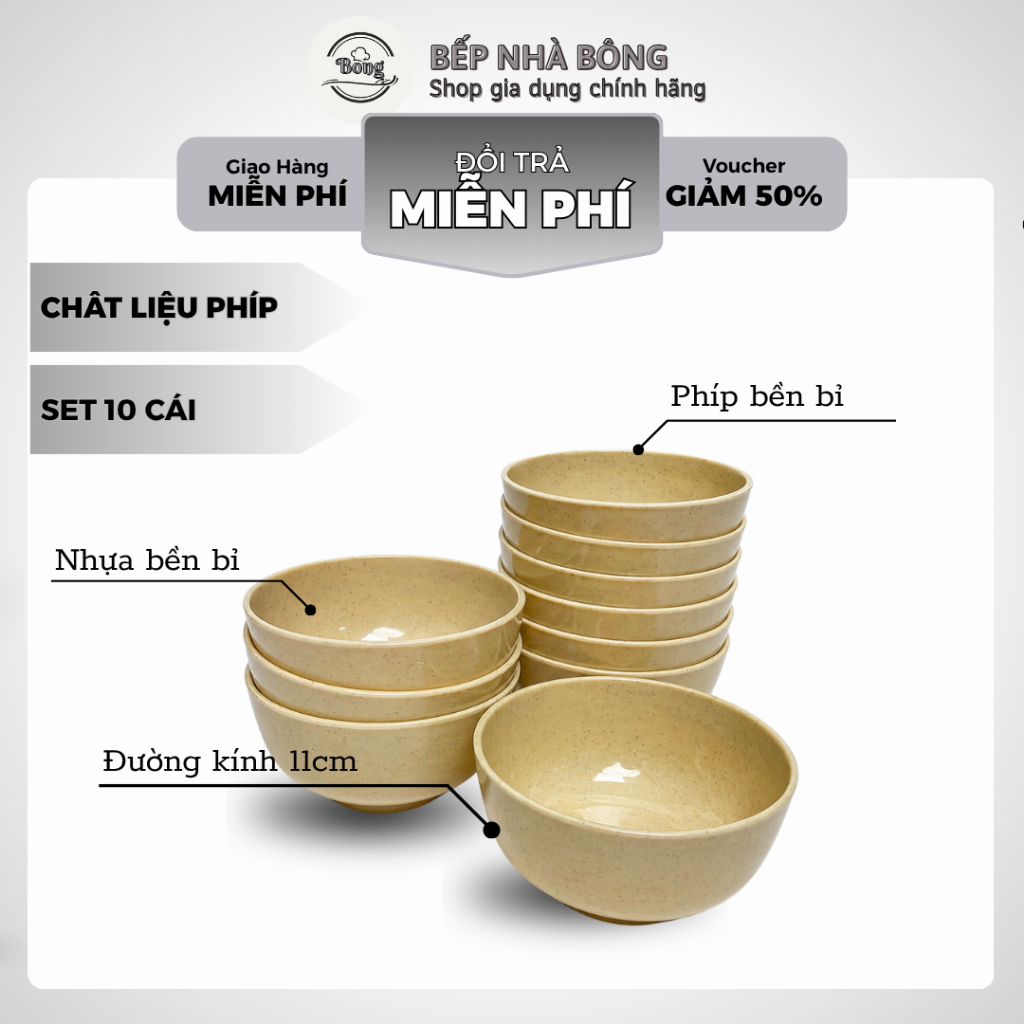 Combo 10 Chén Ăn Cơm Nhựa, Bát Cơm Phíp, Nhựa Meka