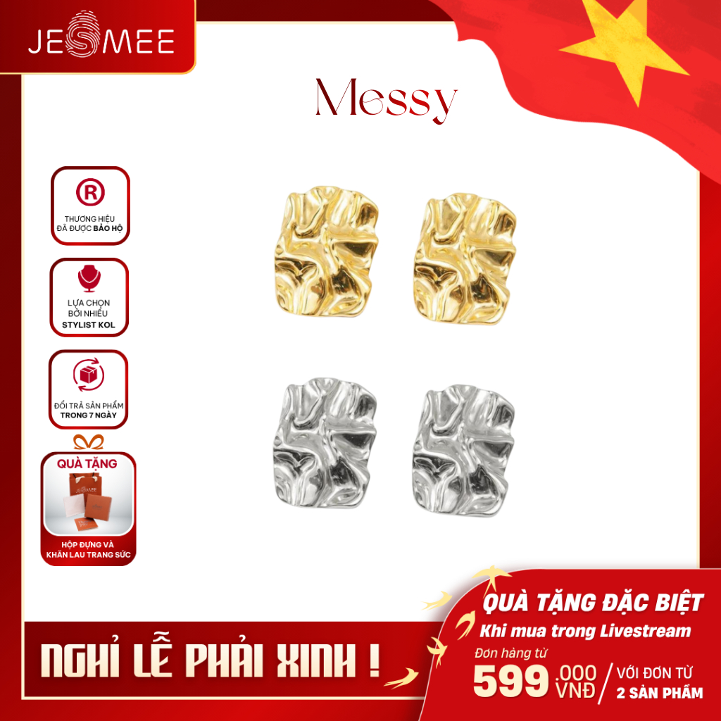 Bông tai nữ bản to hình chữ nhật Messy Jesmee thiết kế độc lạ cá tính  - E6580