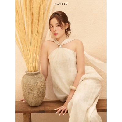Set KAYLIN Chic Halter áo cổ yếm phối quần suông dài chất vải tơ gân loang BST HER ELEMENT - SET174