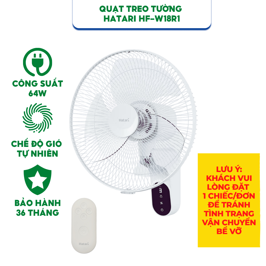 Quạt treo tường Thái Lan Hatari HF-W18R1 (Có điều khiển) - Hàng chính hãng bảo hành 36 tháng