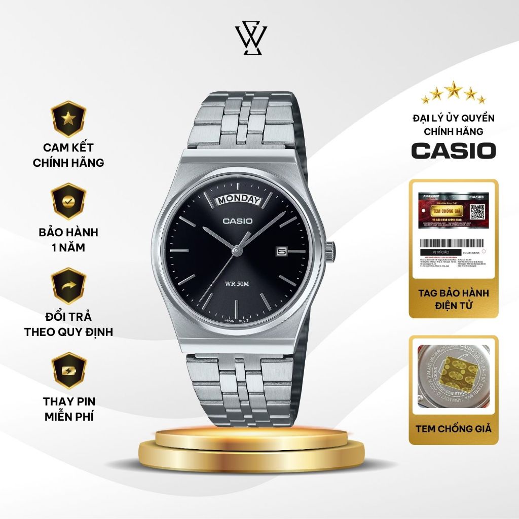 Đồng Hồ Nam Casio MTP-B146D-1AVDF Mặt Đen Kính Khoáng 35mm Dây Kim Loại Không Gỉ Chính Hãng