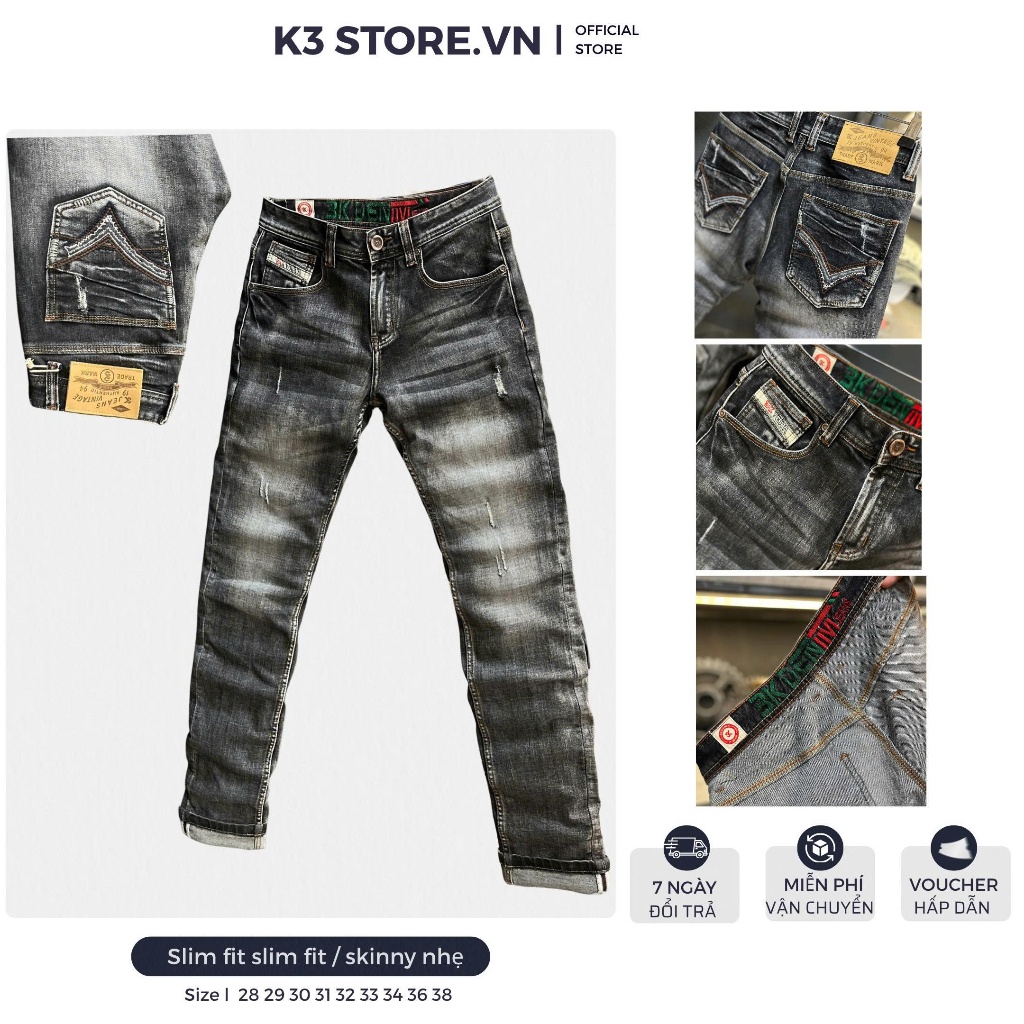 [3K DENIM] Quần Jeans Xám Wash Thêu Túi Độ Chất Denim Mẫu Mới 3KM4-J3754 K3 STORE.