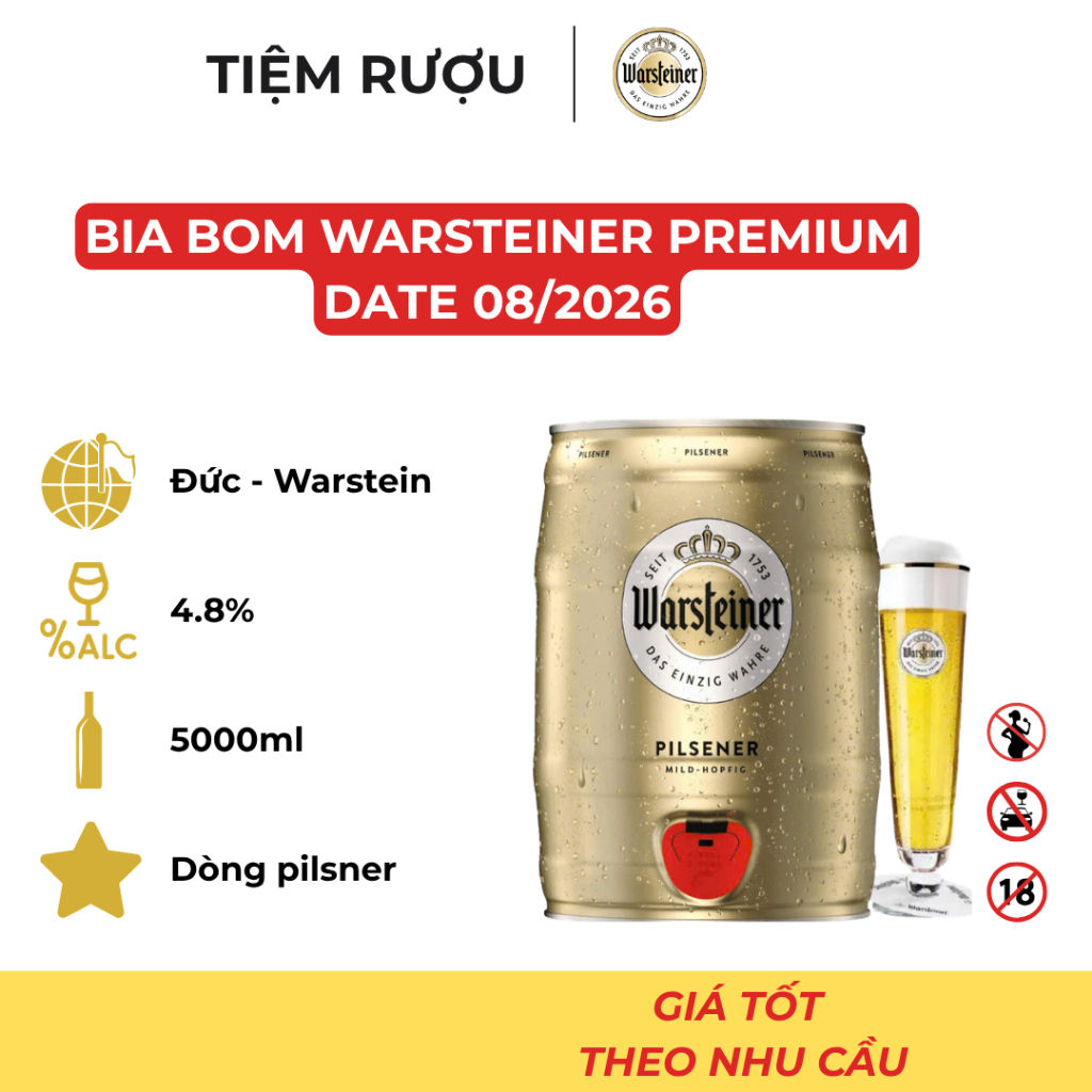 Bia Đức Warsteiner Premium Pilsner Nồng Độ 4.8%, Bom 5000ml, Date 08/2026 - Bia Bom Đức Nhập Khẩu