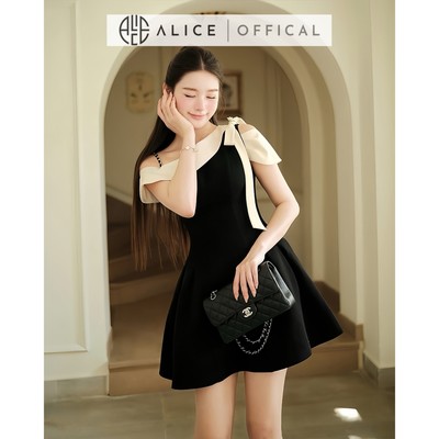 Váy Lệch Vai Tiểu Thư Alice Chất Xước Hàn Cao Cấp, Ép Mùng Chuẩn Form, Dáng Đầm Ngắn Xòe Nhẹ Nữ Tính T481