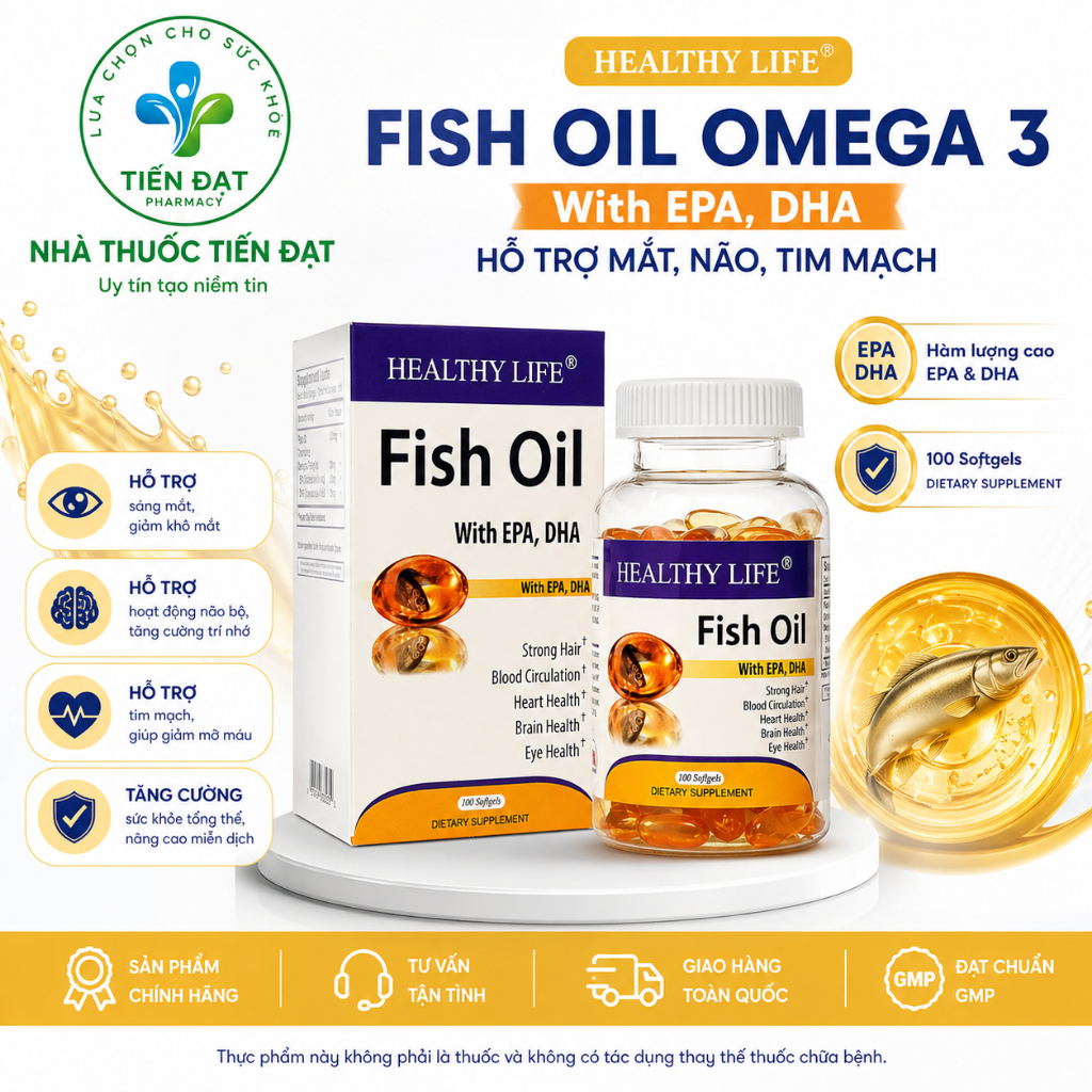 Viên dầu cá bổ sung EPA và DHA hỗ trợ mắt não tim mạch Healthy Life Fish Oil
