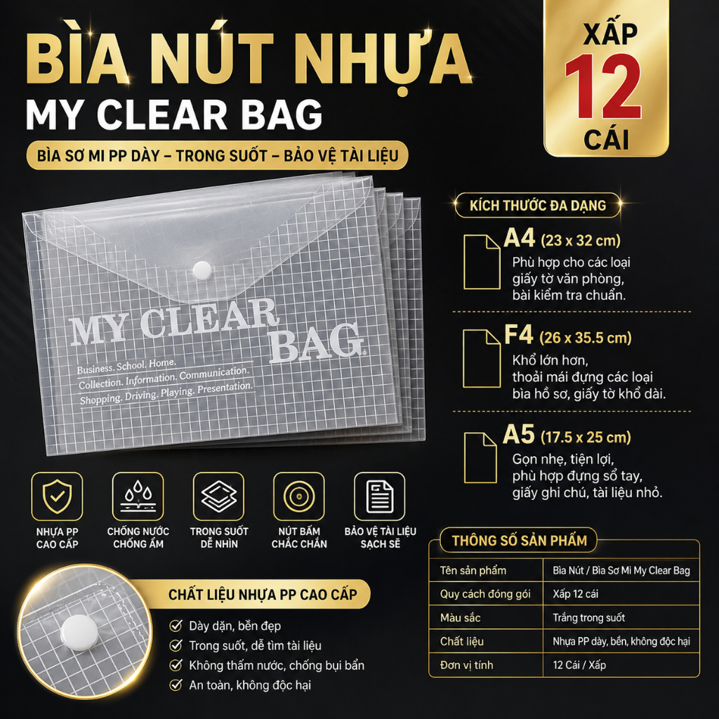 Xấp 12 Cái Bìa Nút Nhựa A4/F4/A5 My Clear Bag, Bìa Sơ Mi PP Dày Trong Suốt Bảo Vệ Tài Liệu