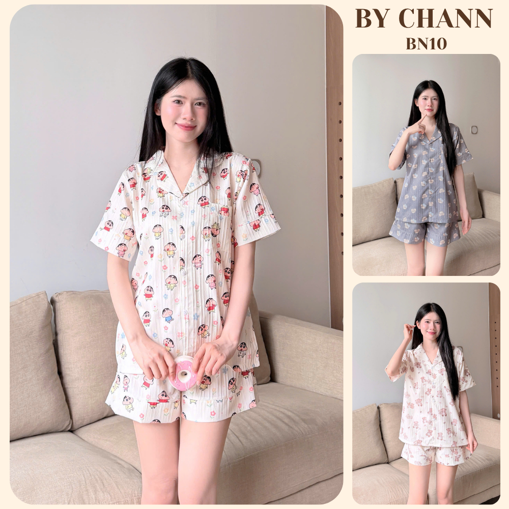 Bộ Ngủ BY CHANN (BN10) áo cộc quần cộc chất liệu đũi gân có bigsize đến 80kg