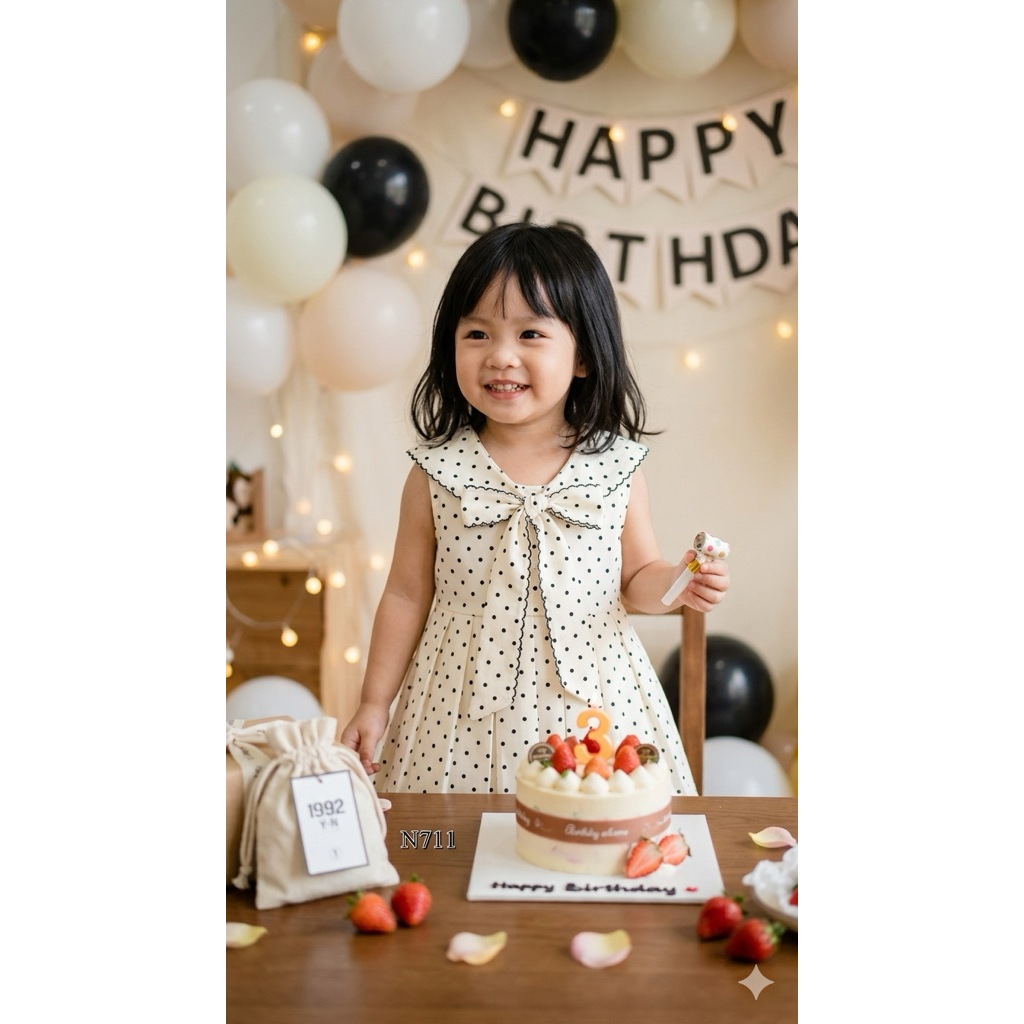 Váy chấm bi thắt nơ phối chân váy xếp ly cho bé mặc sinh nhật, đi tiệc 9-28kg