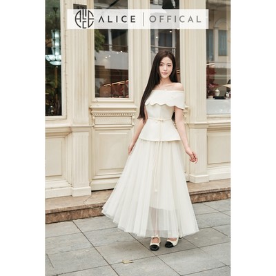 Set Đồ Tiểu Thư Alice, Áo Kem Chất Tafta Trễ Vai Dáng Peplum Phối Chân Váy Lưới Xòe Bồng Sang Trọng T483