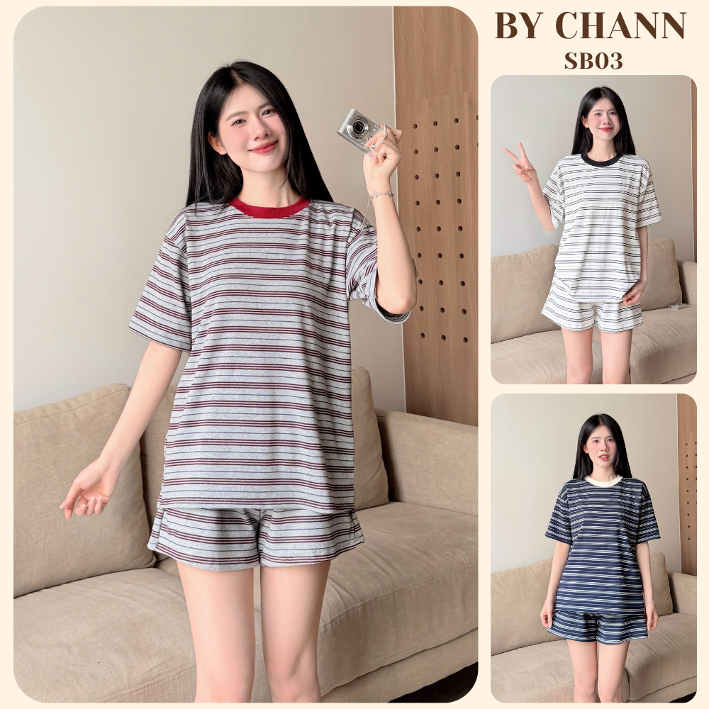 Set Bộ Thun BY CHANN (SB03) chất liệu thun giấy áo thun kẻ sọc quần đùi cho nữ freesize