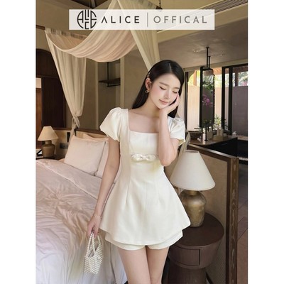 Set Váy Nữ Cao Cấp Alice Chất Chéo, Áo Peplum Cổ Vuông Tay Bồng Phối Quần Đùi Dáng Ngắn T489