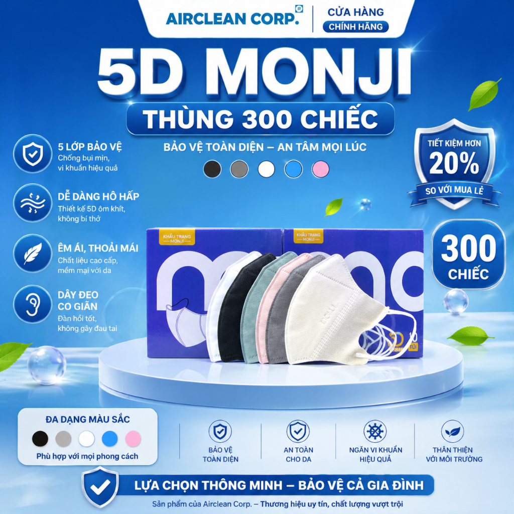 Khẩu Trang 5D MASK MONJI - Thùng 300 Chiếc Khẩu Trang Y Tế 3 Lớp Kháng Khuẩn