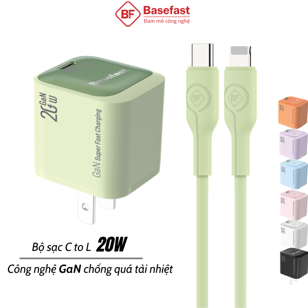 Combo bộ sạc nhanh 20W Basefast cho Phone xs 11 12 13 14 pro max ...Củ GaN kèm dây silicon siêu bền
