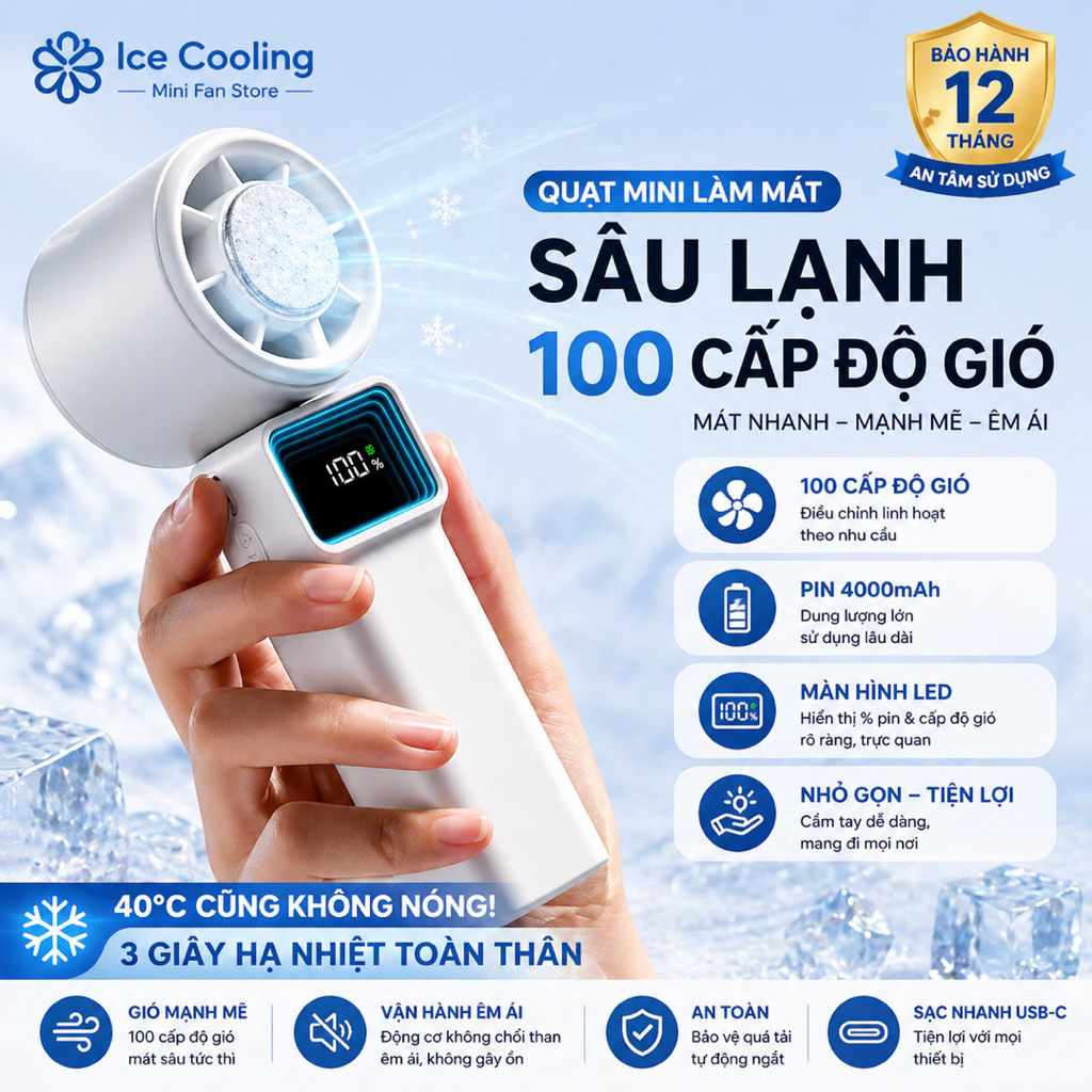 Quạt cầm tay mini Có Sò Lạnh pin 4000mAh