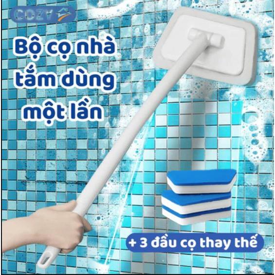 (TẶNG 3 BÔNG) Cây Chà Nhà Tắm S55 - Bàn Chải Chà Tường Cọ Rửa Đa Năng Tay Cầm Dài 56cm