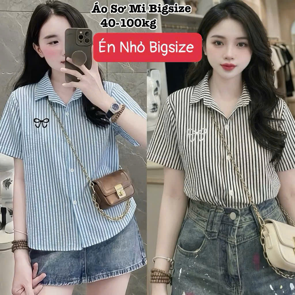 Áo Sơ Mi Nữ Tay Ngắn Kẻ Sọc Thêu Nơ Hack Dáng Bigsize Xinh Đẹp Cao Cấp Dễ Thương Freesize 40-100kg T
