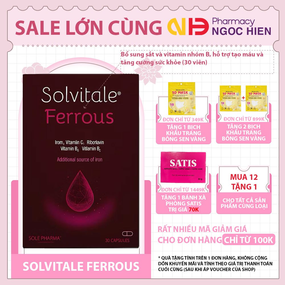 Viên uống Solvitale Ferrous - Bổ sung sắt, vitamin C, B2, B6, B12 cho bà bầu, sau sinh (30 viên)