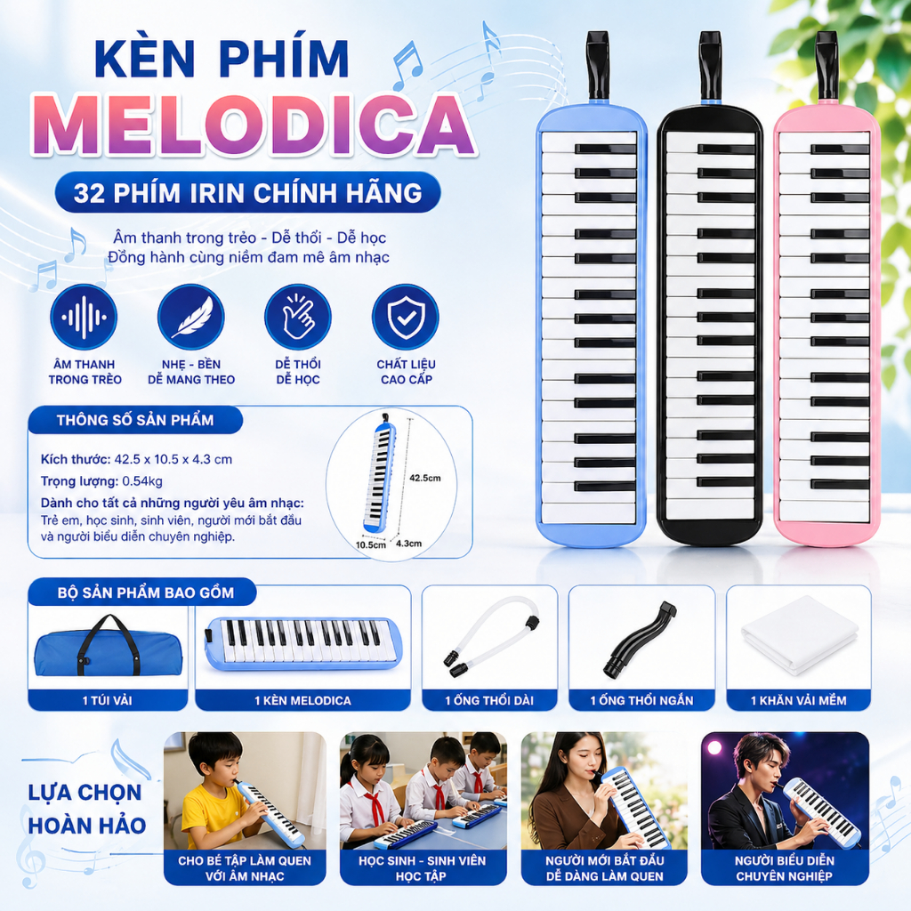 Kèn Phím Melodica 32 Phím Thương Hiệu IRIN Chính Hãng, Kèn Phím Cho Bé, Kèn Piano Đủ Phụ Kiện Đi Kèm