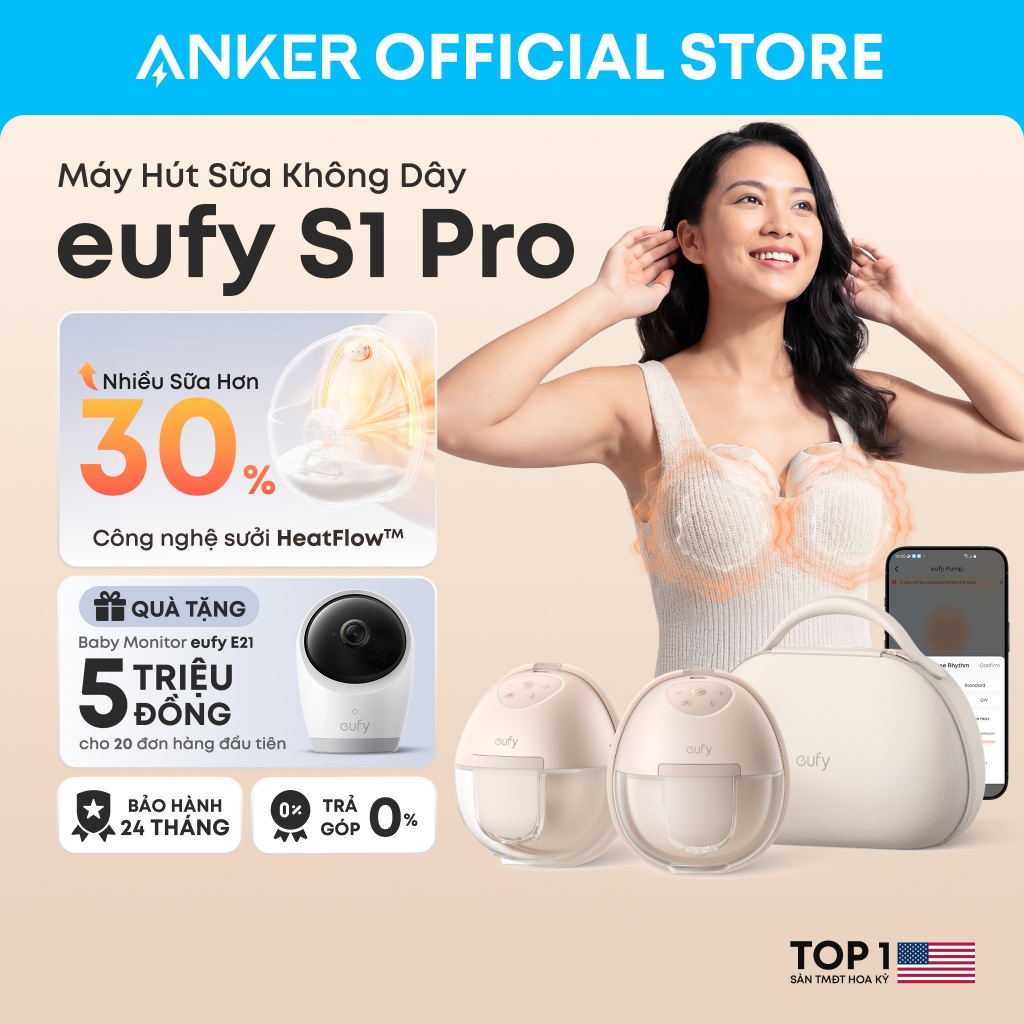 Máy hút sữa không dây Eufy S1 Pro sưởi ấm 7 mức tăng 30% sữa, hộp sạc pin 5 ngày, app tinh chỉnh 7 l