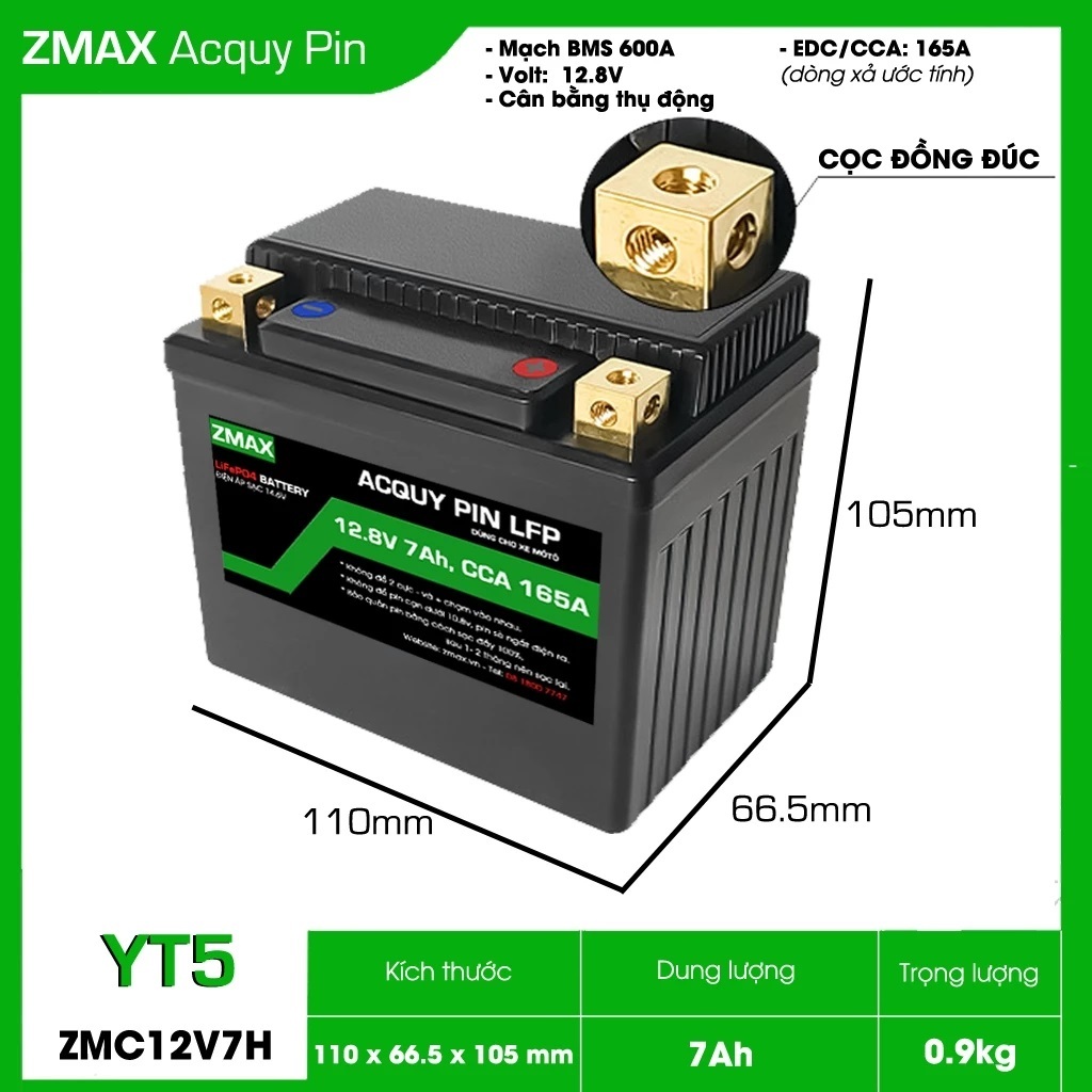 Pin lithium LiFePO4 dùng cho xe máy 12V 6Ah, Size YT5
