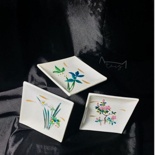 Dĩa hoa | Set 3 dĩa vuông | Men rạn | Đường kính 12cm